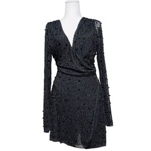 Oh Polly Chelsea Dress - Black Beaded Long Sleeve Wrap Mini Dress